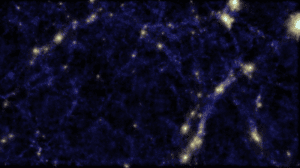 Een simulatie van het kosmisch web. In het midden zit een gat. Voorheen dachten astronomen dat deze gaten echt leeg waren, maar een Australisch team ontdekten ook hier draden van sterrenstelsels.  Bron: Cunnama Power, Newton and Cui (ICRAR). 