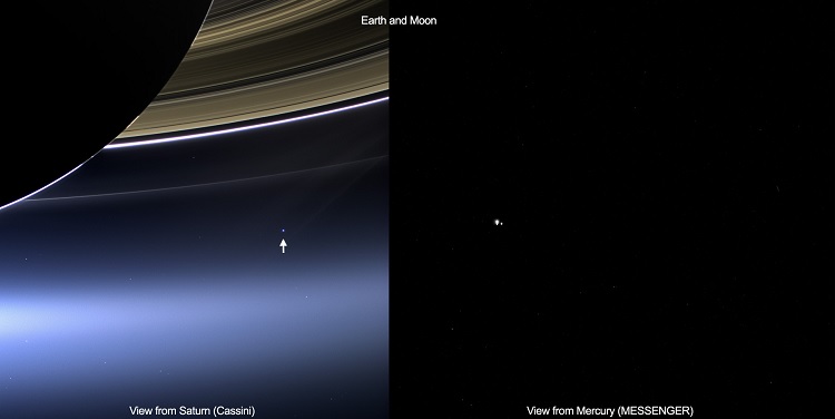 Twee verschillende blikken op de aarde en de maan. Links is een foto van Cassini te zien. De afstand tussen de ruimtesonde en onze planeet bedroeg 1,4 miljard kilometer. Rechts een foto van de MESSENGER-sonde die om Mercurius draait, op een afstand van 98 miljoen kilometer. Beide foto’s zijn op 19 juli gemaakt. Bron: NASA/JPL-Caltech/Space Science Institute & NASA/Johns Hopkins University/Carnegie Institution of Washington 