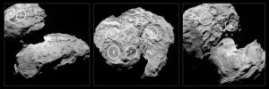 De locaties van de vijf kandidaat-landingsplekken. Deze foto is gemaakt op 16 augustus, toen Rosetta zich nog op een afstand van zo’n 100 kilometer van de komeet bevond.  Bron: ESA/Rosetta/MPS 