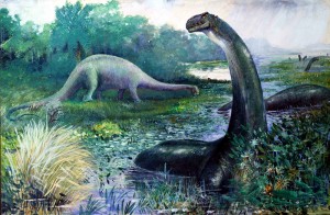De brontosaurus, een door Charles R. Knight geschilderde dino die nooit heeft bestaan. De brontosaurus bleek in werkelijkheid een apatosaurus met het hoofd van een camarasaurus. Dankzij tekeningen als deze geloven nog steeds veel mensen dat de brontosaurus een echte dino was. 