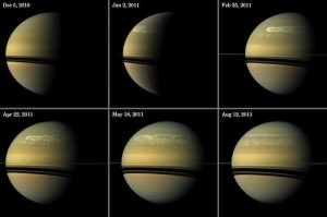 Beelden van de Cassini-ruimtesonde laten de ontwikkeling van de superstorm zien. Bron: NASA/JPL-Caltech/Space Science Institute