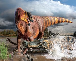 Het fossiel is in een oude rivierbedding gevonden. Wellicht was deze dinosaurus het slachtoffer van een megakrokodil.  Bron: Julius T. Csotonyi 