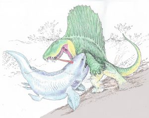 RARW. Een Dimetrodon in gevecht met een Xenacanthus. Bron: Bob Bakker