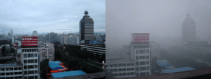 Beijing met en zonder smog.  Bron: Wikimedia Commons/CMBJ