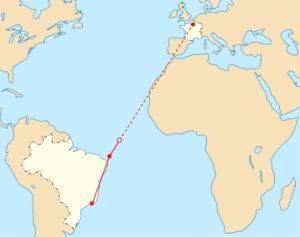 De geplande route van vlucht AF 447. Het toestel zou zijn eindbestemming nooit bereiken. 