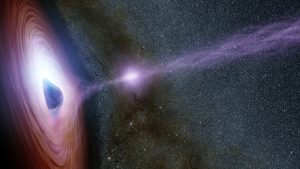 Een zwart gat schiet röntgenstraling de ruimte in, zoals in deze artistieke impressie. Deze straling probeert de Chandra X-ray Observatory op te vangen. Beeld: NASA/JPL-Caltech