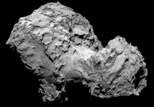 Komeet 67P/Churyumov–Gerasimenko gooit stof de ruimte in.  Bron: ESA