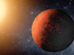 Impressie van planeet Kepler 20-e. Deze exoplaneet is kleiner dan de aarde en draait rond een zonachtige ster. Bron: NASA