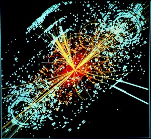 Een voorbeeld van botsende deeltjes. Deze botsing is gesimuleerd: zo zou het verwachtte higgsevent eruit zien in de CMS-detector van CERN.