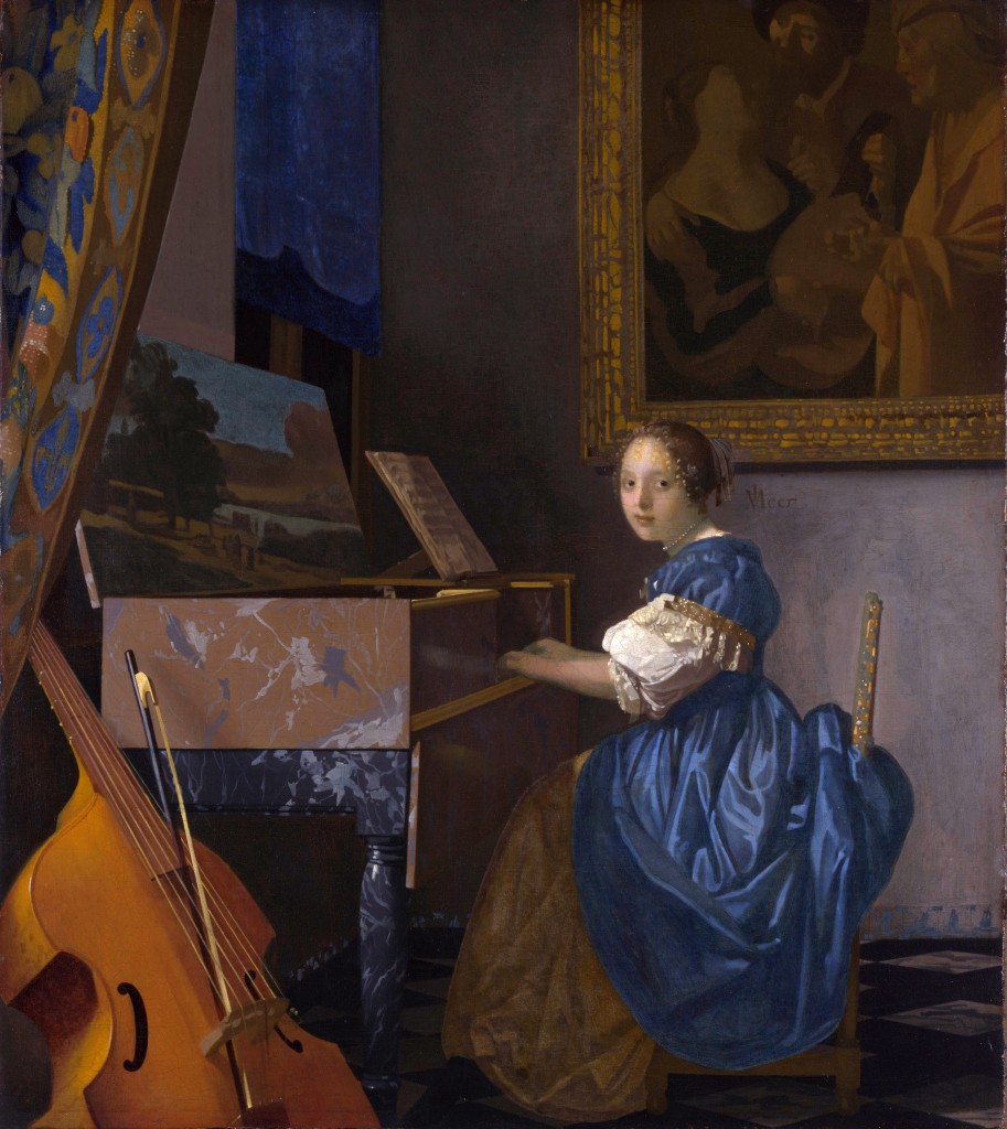 De Zittende Klavecimbelspeelster van Vermeer. Een analyse van de dradenstructuur in het doek toonde aan dat dit inderdaad een echte Vermeer is. Bron: Wikimedia commons