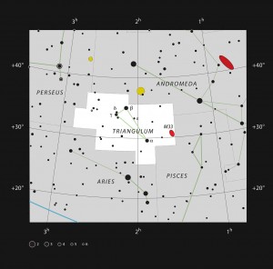 De positie van het Driehoekstelsel (M33) in het sterrenbeeld Driehoek. Credit: ESO, IAU and Sky & Telescope.
