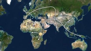 De oermens trok vanuit Afrika en via het Midden-Oosten de rest van de wereld in. Beeld: CNN/Tracing mankind's ancestors