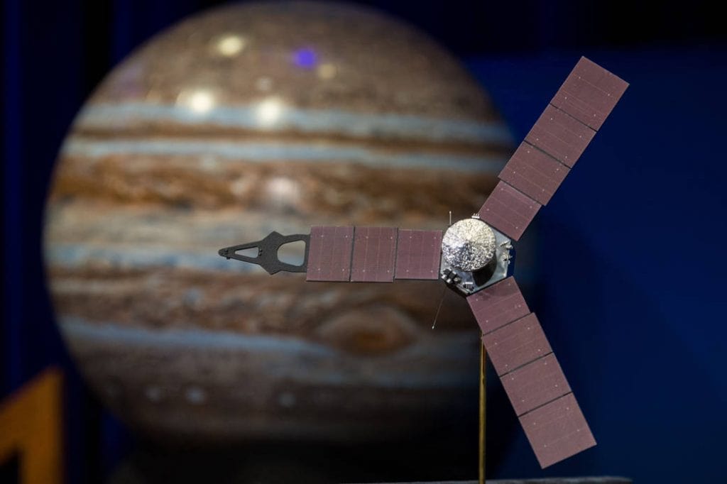 A model of the Juno spacecraft is seen at a news briefing, held before Juno enters orbit around Jupiter, on Thursday, June 30, 2016 at the Jet Propulsion Laboratory (JPL) in Pasadena, CA. The Juno mission launched August 5, 2011 and will arrive at Jupiter July 4, 2016 to orbit the planet for 20 months and collect data on the planetary core, map the magnetic field, and measure the amount of water and ammonia in the atmosphere. Photo Credit: (NASA/Aubrey Gemignani)