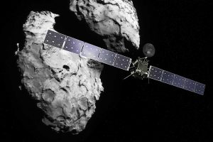 Rosetta en 67P/Churyumov-Gerasimenko. De komeet bevat bouwstenen van het leven. Bron: ESA/ATG medialab/Rosetta/Navcam