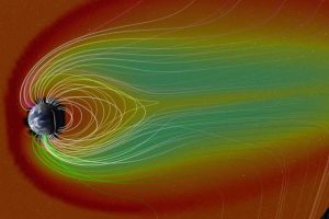 Het magnetisch veld van de aarde beschermt ons tegen de meeste zonnestormen. Afbeelding: NASA/Goddard Space Flight Center