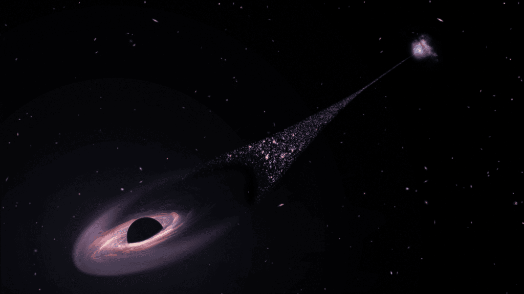A supermassive black hole is fleeing the galaxy, with stars forming in its wake