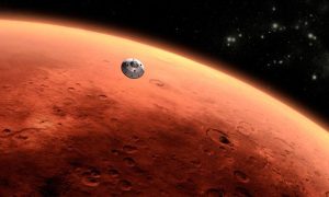 Artist impression van Curiosity’s reis naar Mars. Nasa hield de straling in de capsule van Curiosity gedurende de reis goed in de gaten. Bron: Nasa/JPL-Caltech/Rex