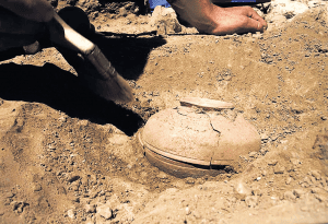 De achthonderd jaar oude pot van klei, waarin in Winnipeg in Canada zaad van een uitgestorven pompoensoort werd gevonden.