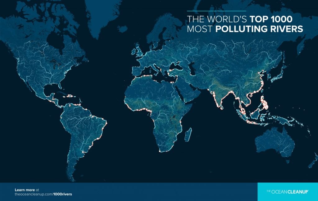 Wereldkaart met de top 1000 meest vervuilende rivieren